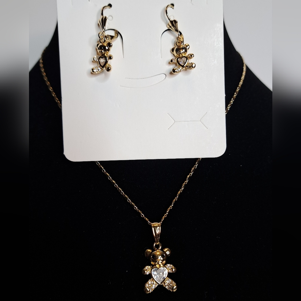 Gold Bear Pendant Necklace and Earring Set